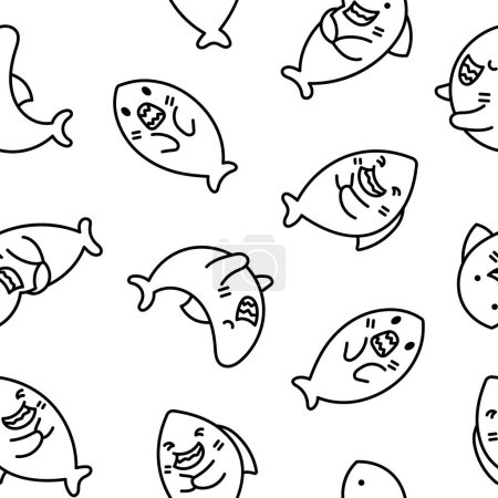 Funny kawaii ocean shark. Seamless pattern. Coloring Page. Smiling jaws and comic marine animals character. Hand drawn style. Vector drawing. Design ornaments.