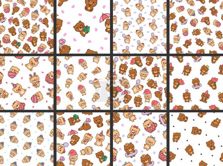 Illustration for Cute kawaii teddy bear. Seamless pattern. Cartoon funny animals character. Hand drawn style. Vector drawing. Collection of design ornaments. - Royalty Free Image