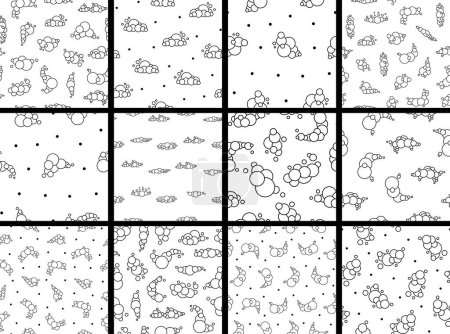 Illustration for Soap foam set with bubbles. Seamless pattern. Coloring Page. Suds of bath, shampoo, shaving, mousse. Cloudy frame and corner. Hand drawn style. Vector drawing. Collection of design ornaments. - Royalty Free Image