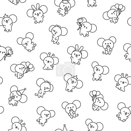 Téléchargez les illustrations : Cute kawaii mouse. Seamless pattern. Coloring Page. Cartoon happy baby rat characters. Hand drawn style. Vector drawing. Design ornaments. - en licence libre de droit