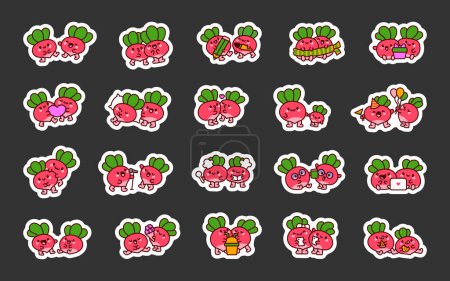 Illustration for Radish couple cute cartoon characters. Sticker Bookmark. Funny adorable vegetables. Hand drawn style. Vector drawing. Collection of design elements. - Royalty Free Image