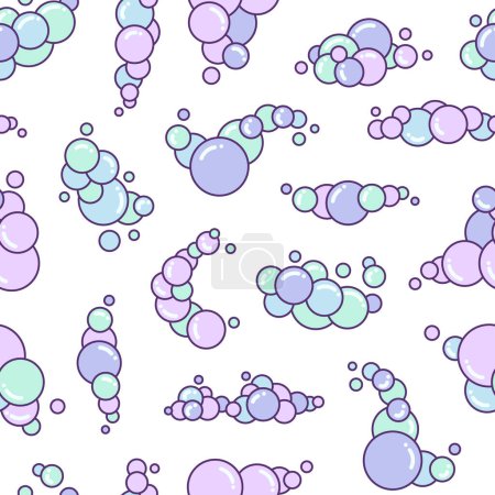 Illustration for Soap foam set with bubbles. Seamless pattern. Suds of bath, shampoo, shaving, mousse. Cloudy frame and corner. Hand drawn style. Vector drawing. Design ornaments. - Royalty Free Image