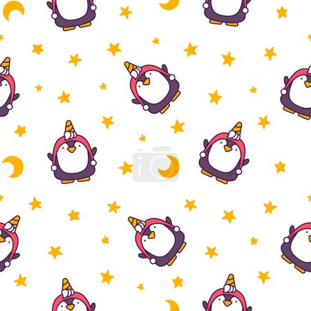 Illustration for Cute kawaii penguin. Seamless pattern. Cartoon funny animals character. Hand drawn style. Vector drawing. Design ornaments. - Royalty Free Image
