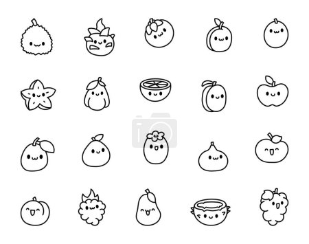 Cute cartoon fruits. Coloring Page. Kawaii character. Hand drawn style. Vector drawing. Collection of design elements.