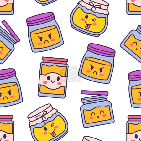 Illustration for Cute kawaii honey jar. Seamless pattern. Glass pot character. Hand drawn style. Vector drawing. Design ornaments. - Royalty Free Image