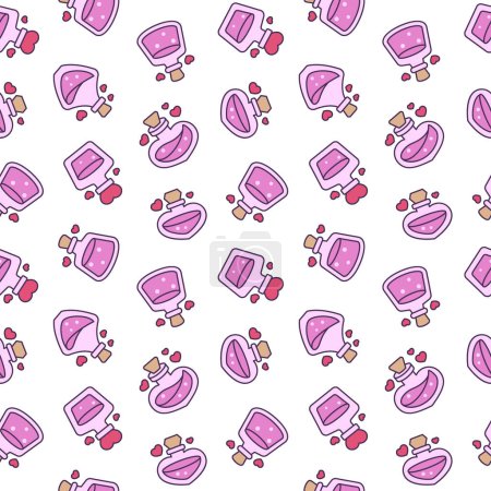 Illustration for Love potion. Seamless pattern. Stoppered glass bulb with heart. Aphrodisiac flask. Valentine's day. Hand drawn style. Vector drawing. Design ornaments. - Royalty Free Image