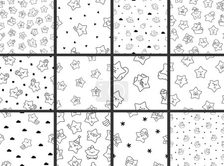 Ilustración de Cute kawaii stars character with different happy expression activity. Seamless pattern. Coloring Page. Hand drawn style. Vector drawing. Collection of design ornaments. - Imagen libre de derechos