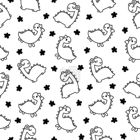 Illustration for Funny cute girls dinosaurs. Seamless pattern. Coloring Page. Kawaii baby dino princess character. Hand drawn style. Vector drawing. Design ornaments. - Royalty Free Image