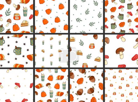 Autumn object mushroom cup of coffee leaf acorn jar cake pumpkin plaid. Seamless pattern. Season time of year. Vector drawing. Collection of design ornaments.