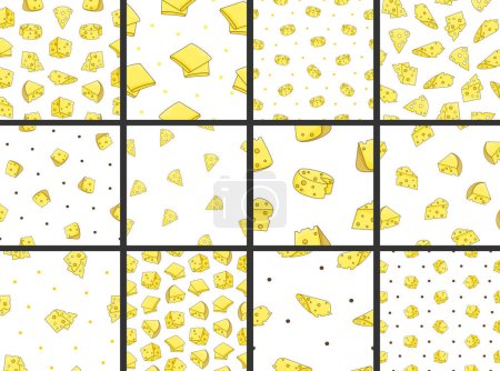 Illustration for Slices and slicing of cheese. Seamless pattern. Parmesan, mozzarella, hollandaise, ricotta, a piece of different types. Hand style. Vector drawing. Collection of design ornaments. - Royalty Free Image