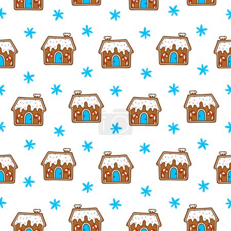 Ilustración de Casa de Navidad de pan de jengibre decorada con caramelos. Patrón sin costuras. Dulce galleta. Estilo dibujado a mano. Dibujo vectorial. Adornos de diseño. - Imagen libre de derechos