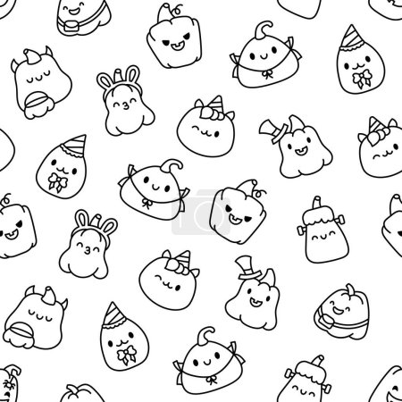 Illustration for Cute kawaii Halloween pumpkin. Seamless pattern. Coloring Page. Holidays cartoon character. Monsters faces. Hand drawn style. Vector drawing. Design ornaments. - Royalty Free Image