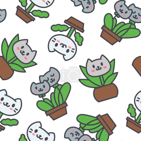 Illustration for Kawaii flower cat. Seamless pattern. Cute pet animal cartoon character. Hand drawn style. Vector drawing. Design ornaments. - Royalty Free Image