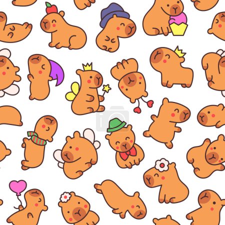 Téléchargez les illustrations : Kawaii heureux capybara. Modèle sans couture. personnage drôle de dessin animé mignon animaux. Style dessiné à la main. Le dessin vectoriel. Décorations design. - en licence libre de droit