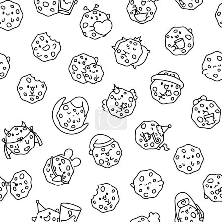 Illustration for Cute kawaii cookies. Seamless pattern. Coloring Page. Cartoon choco chip characters. Funny food. Hand drawn style. Vector drawing. Design ornaments. - Royalty Free Image