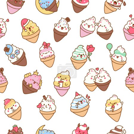 Illustration for Cute kawaii ice cream characters. Seamless pattern. Cartoon sweet smiling dessert. Hand drawn style. Vector drawing. Design ornaments. - Royalty Free Image