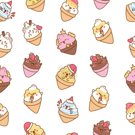 Illustration for Cute kawaii ice cream characters. Seamless pattern. Cartoon sweet smiling dessert. Hand drawn style. Vector drawing. Design ornaments. - Royalty Free Image
