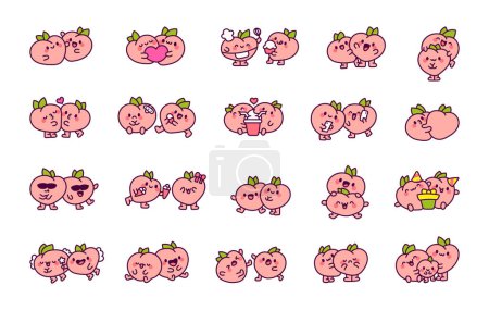 Cheerful peach couple. Funny cartoon characters. Hand drawn style. Vector drawing. Collection of design elements.