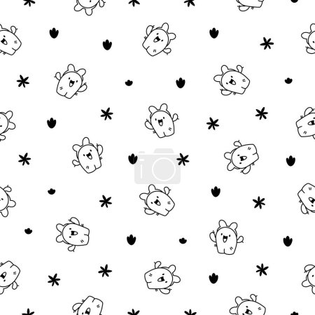 Illustration for Funny cactus. Seamless pattern. Coloring Page. Cute smiling cartoon characters. Hand drawn style. Vector drawing. Design ornaments. - Royalty Free Image