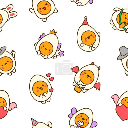 Illustration for Cute kawaii boiled egg with funny faces. Seamless pattern. Cartoon happy food characters. Hand drawn style. Vector drawing. Design ornaments. - Royalty Free Image