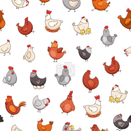 Gallo de gallina y pollo. Patrón sin costuras. Lindos personajes de granja de pollo. Dibujo vectorial. Adornos de diseño.