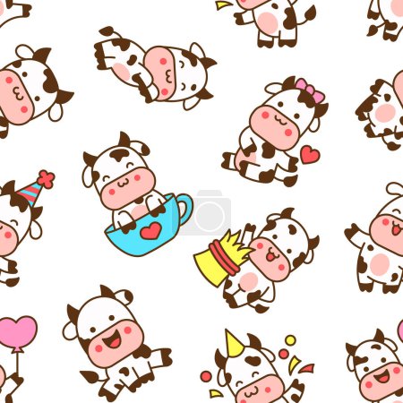 Beautiful cow cartoon character. Seamless pattern. Cute kawaii farm animal. Hand drawn style. Vector drawing. Design ornaments.