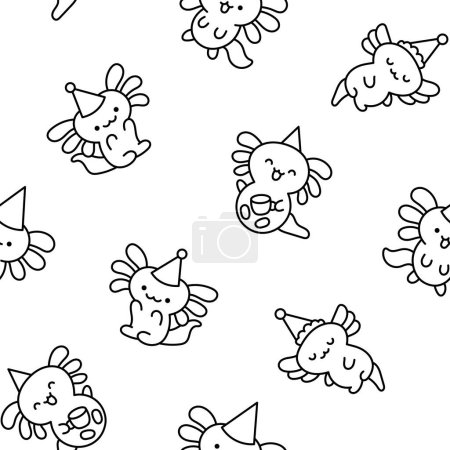 Niedliche kawaii kleine axolotl. Nahtloses Muster. Malvorlagen. Lächelnd schöne Zeichentrick-Tierfigur. Handgezeichneter Stil. Vektorzeichnung. Designornamente.