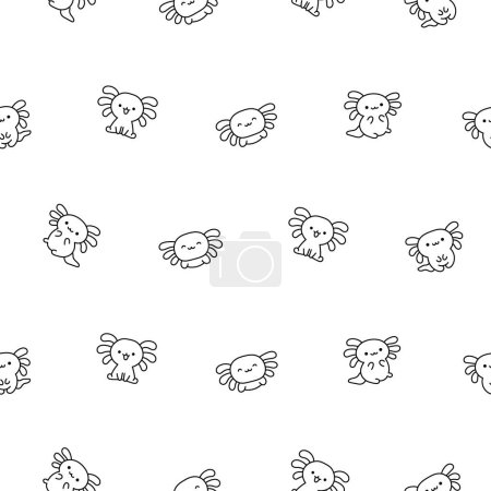 Niedliche kawaii kleine axolotl. Nahtloses Muster. Malvorlagen. Lächelnd schöne Zeichentrick-Tierfigur. Handgezeichneter Stil. Vektorzeichnung. Designornamente.