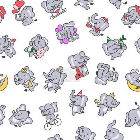 Cute cartoon baby elephant characters. Seamless pattern. Adorable little indian animal. Hand drawn style. Vector drawing. Design ornaments.