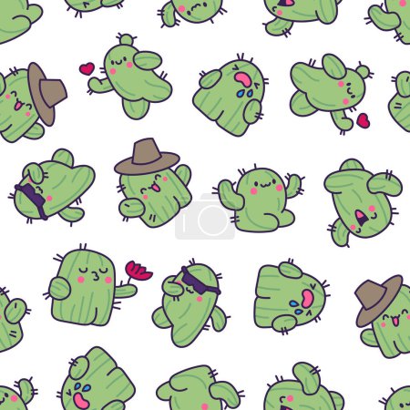 Illustration for Funny cactus. Seamless pattern. Cute smiling cartoon characters. Hand drawn style. Vector drawing. Design ornaments. - Royalty Free Image