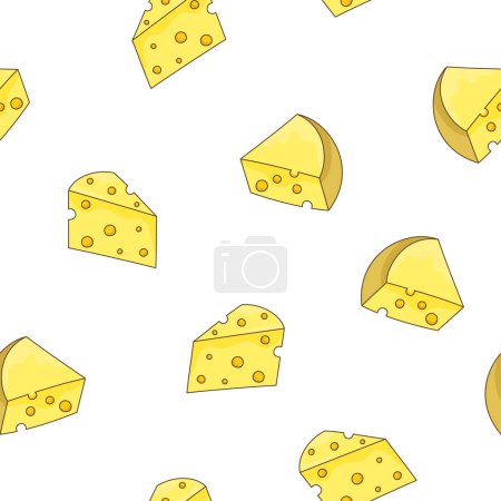 Illustration for Slices and slicing of cheese. Seamless pattern. Parmesan, mozzarella, hollandaise, ricotta, a piece of different types. Hand style. Vector drawing. Design ornaments. - Royalty Free Image