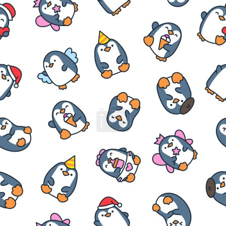 Cute kawaii penguin. Seamless pattern. Beautiful animals cartoon character. Hand drawn style. Vector drawing. Design ornaments.