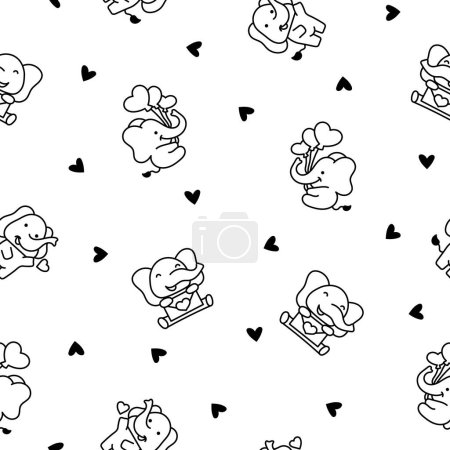 Illustration for Cute cartoon baby elephant characters. Seamless pattern. Coloring Page. Adorable little indian animal. Hand drawn style. Vector drawing. Design ornaments. - Royalty Free Image