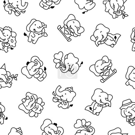 Cute cartoon baby elephant characters. Seamless pattern. Coloring Page. Adorable little indian animal. Hand drawn style. Vector drawing. Design ornaments.