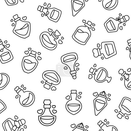 Illustration for Love potion. Seamless pattern. Coloring Page. Stoppered glass bulb with heart. Aphrodisiac flask. Valentine's day. Hand drawn style. Vector drawing. Design ornaments. - Royalty Free Image