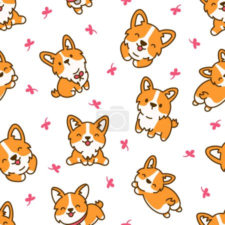Illustration for Cute kawaii corgi dog. Seamless pattern. Funny puppy cartoon animal characters. Hand drawn style. Vector drawing. Design ornaments. - Royalty Free Image