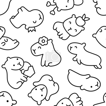 Kawaii happy capybara. Seamless pattern. Coloring Page. Cute cartoon funny animals character. Hand drawn style. Vector drawing. Design ornaments.
