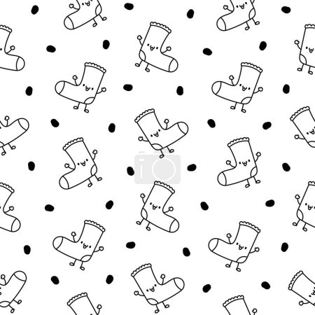 Cute happy sock cartoon character. Seamless pattern. Coloring Page. Fashion woolen underwear, textile accessories. Hand drawn style. Vector drawing. Design ornaments.