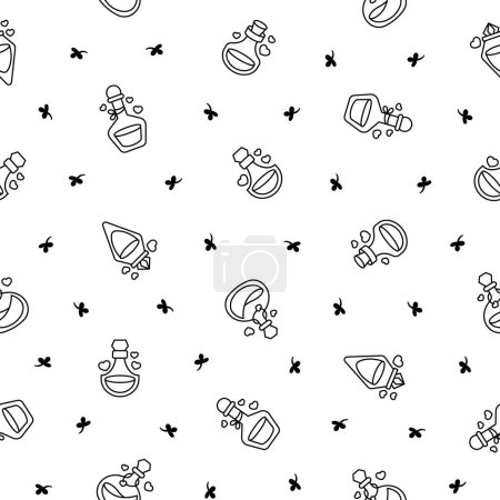 Illustration for Love potion. Seamless pattern. Coloring Page. Stoppered glass bulb with heart. Aphrodisiac flask. Valentine's day. Hand drawn style. Vector drawing. Design ornaments. - Royalty Free Image