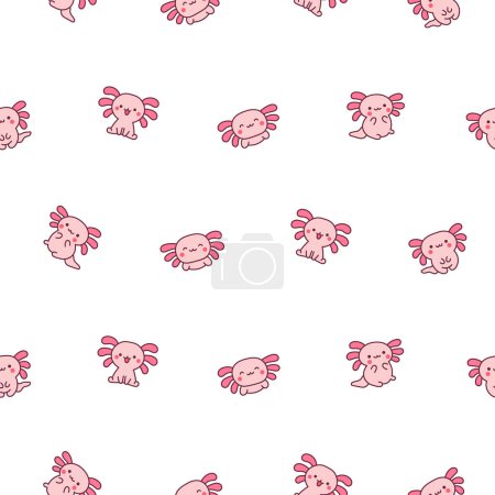 Niedliche kawaii kleine axolotl. Nahtloses Muster. Lächelnd schöne Zeichentrick-Tierfigur. Handgezeichneter Stil. Vektorzeichnung. Designornamente.