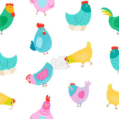Gallo de gallina y pollo. Patrón sin costuras. Lindos personajes de granja de pollo. Dibujo vectorial. Adornos de diseño.