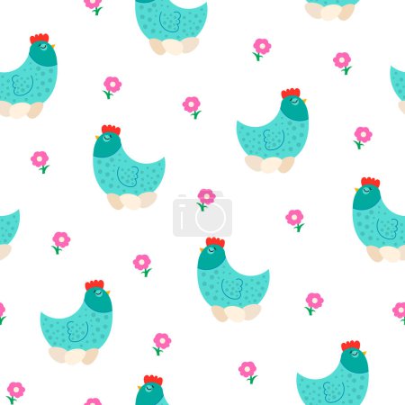 Hen rooster and chick. Seamless pattern. Cute chicken farm characters. Vector drawing. Design ornaments.
