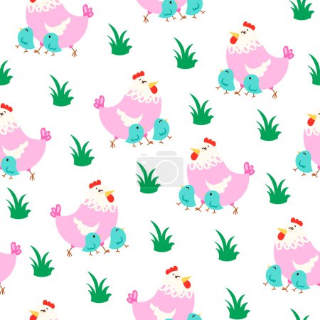 Hen rooster and chick. Seamless pattern. Cute chicken farm characters. Vector drawing. Design ornaments.