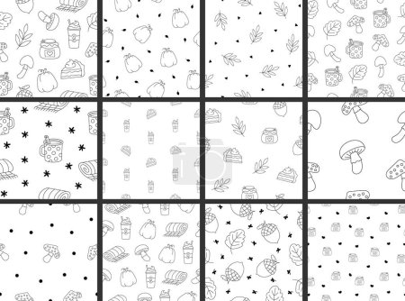 Autumn object mushroom cup of coffee leaf acorn jar cake pumpkin plaid. Seamless pattern. Coloring Page. Season time of year. Vector drawing. Collection of design ornaments.