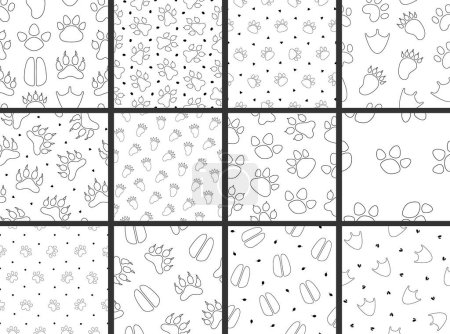 Illustration for Animal paw print. Seamless pattern. Coloring Page. Different traces of wildlife. Vector drawing. Collection of design ornaments. - Royalty Free Image