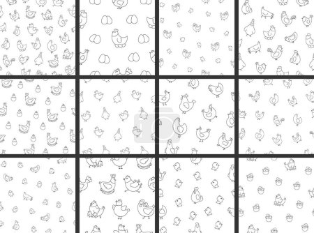 Hen rooster and chick. Seamless pattern. Coloring Page. Cute chicken farm characters. Vector drawing. Collection of design ornaments.