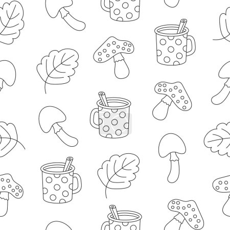 Autumn object mushroom cup of coffee leaf acorn jar cake pumpkin plaid. Seamless pattern. Coloring Page. Season time of year. Vector drawing. Design ornaments.