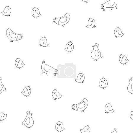 Hen rooster and chick. Seamless pattern. Coloring Page. Cute chicken farm characters. Vector drawing. Design ornaments.