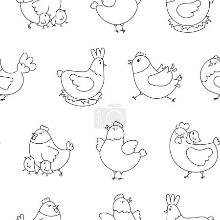 Gallo de gallina y pollo. Patrón sin costuras. Página para colorear. Lindos personajes de granja de pollo. Dibujo vectorial. Adornos de diseño.