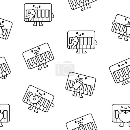 Cute piano character. Seamless pattern. Coloring Page. Cartoon musical instrument with different emotions. Hand drawn style. Vector drawing. Design ornaments.